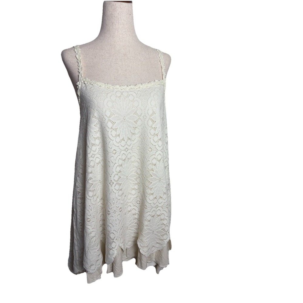 Free People Cream Floral Lace Mini Dress Crochet Trim‎ Trapeze Boho M